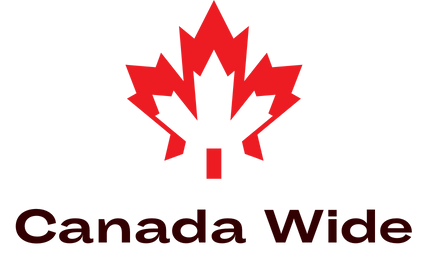 "Canada Wide Logo: A stylized red maple leaf with a black silhouette of a tower in the center, symbolizing Canada. Below the maple leaf, the text 'Canada Wide' is written in bold, dark red letters."